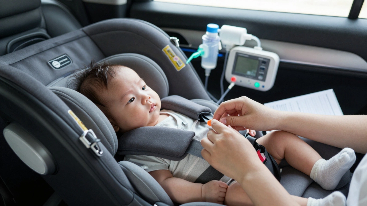 A baby escort gently holding a premature infant during transit, surrounded by medical monitoring equipment.