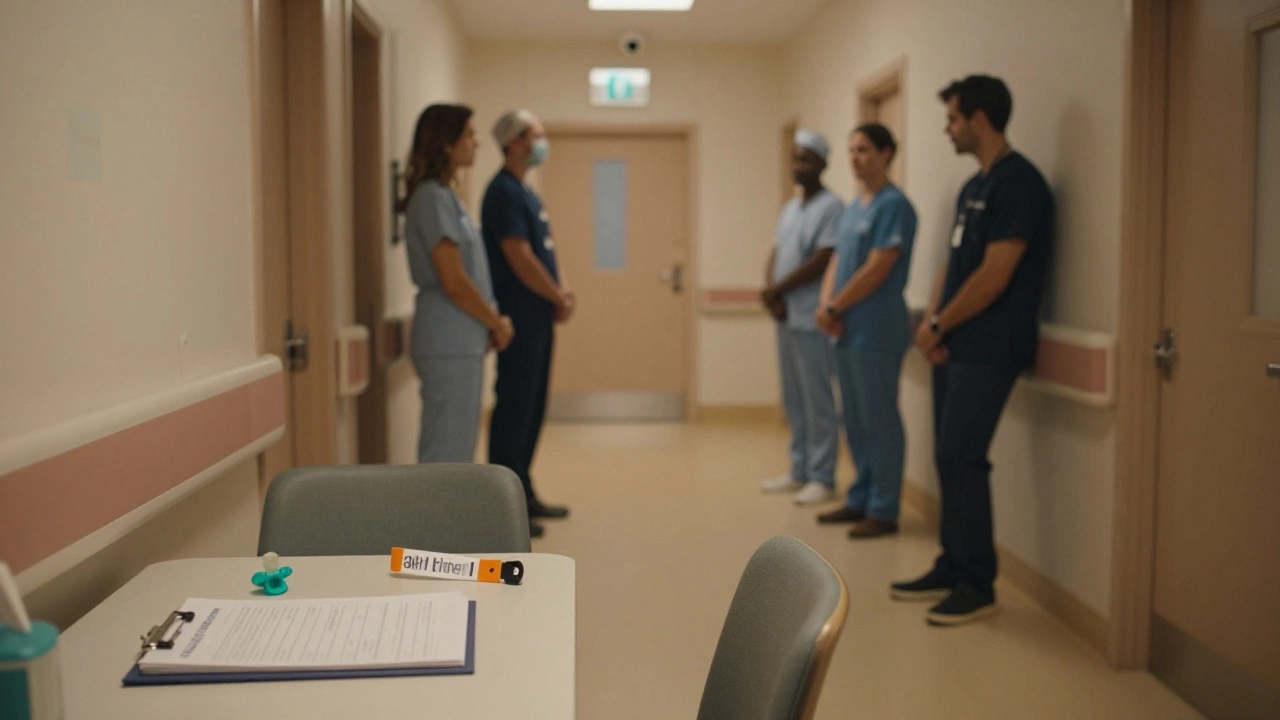 An empty hospital hallway in Lyon with medical documents and a pacifier on a table, awaiting a transported infant.